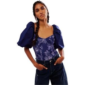 Free People Intimately Prairie Rose Navy Blue Bodysuit Puff Sleeve Boho Medium